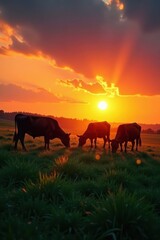 Obraz premium Pattern of silhouetted cows grazing in a green field at sunset, herd, landscape