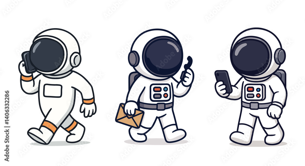 Poster walking and mobile phone activity set with cartoon astronauts. holding smartphone, using apps while 