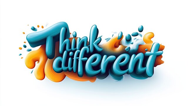 "Think different" lettering calligraphy text, bold 3D typography, flat style, modern, on white background 