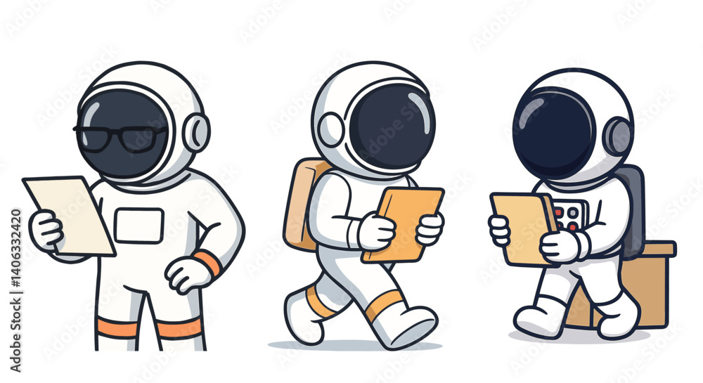 Poster document reading and walking with tablet set. cartoon astronauts reviewing papers, checking data whi