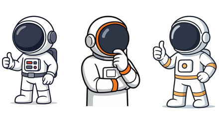 Talking and gesture interaction set with cartoon astronauts. Hand signals, pointing, giving thumbs up, explaining with body language. Flat vector illustrations on white background.