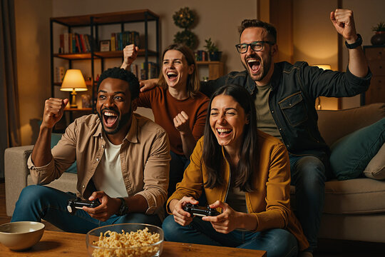 Group of friends cheering and playing video games together at home during a fun night