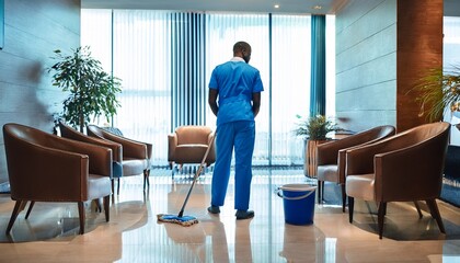 青い制服を着た黒人男性が、ホテルのロビーでフロアを清掃している後ろ姿。バケツとモップを使い、ゆっくりと丁寧に進める作業が、清潔で整った空間を作り上げていく。

