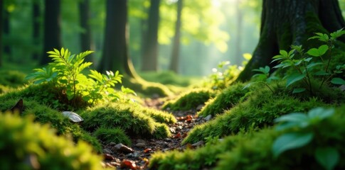Forest floor carpeted with moss and ferns, with sunlight filtering through leaves , moss, forest floor, woodland