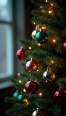 Evergreen Christmas tree with multicolored ornaments and soft glowing lights, joyful, cozy, ornaments