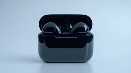 A pair of wireless earbuds in their charging case, showcasing modern audio technology.