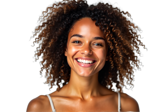 Beautiful smiling African American woman studio portrait with clean healthy skin isolated on transparent background. Perfect for beauty, skincare, and wellness campaigns.