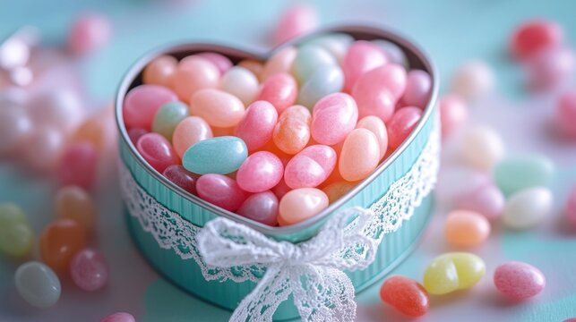 Colorful Candy Jelly Beans in Heart-Shaped Box with Delicate Bow