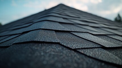 Roofing contractor installing shingles on a pitched roof. Featuring roof installation