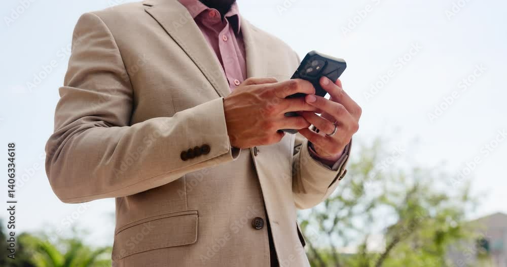 Poster cellphone, hands and businessman in city for email, communication or contact with investment client.