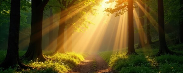 Fototapeta premium Warm sunbeams illuminate a tranquil forest scene , tree, sunlight