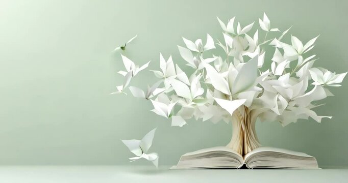 Origami birds soar from open book in enchanting transformation