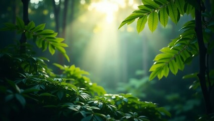 Fototapeta premium lush rainforest canopy background with layers of green leaves, soft sunlight rays piercing through, vibrant yet blurred