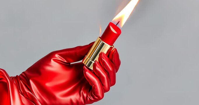 Red gloved hand igniting lipstick shaped lighter in smooth continuation