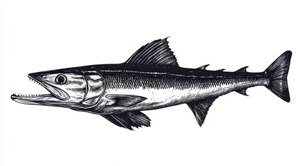 Grunge shaped brushed illustration of a Great Barracuda (Sphyraena barracuda), isolated on white background, in style of vector. 