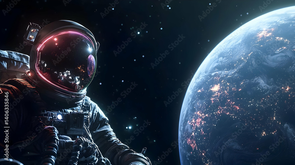 Poster astronaut floating in space observing planet earth in pixelated aesthetic
