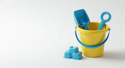 Beach Toys Sand Bucket with Spade and Rake on White Background