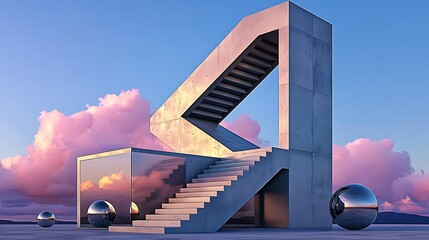 Modern architectural staircase with spheres scenic landscape digital art futuristic environment low angle view