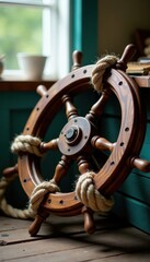 Vintage nautical rope wrapped around wooden steering wheel , ocean, sailing