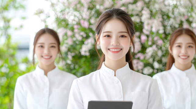 Smiling women in white uniforms professional service healthcare teamwork