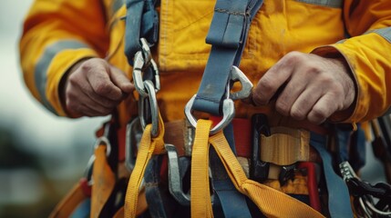 Safety inspector examining fall protection gear at a worksite. Featuring workplace safety measures