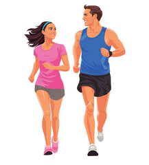 illustration of young couple run and smile at each other isolated on white background