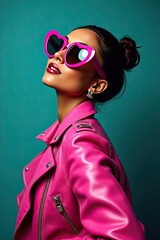 Stylish woman in vibrant pink sunglasses and leather jacket poses confidently against a teal backdrop