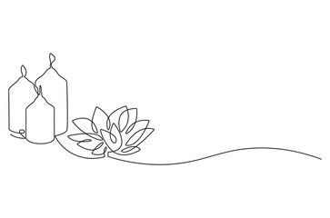 Continuous one line drawing of Candle and Lotus flower. Single line drawing illustration of Lotus flower and candle. Wellness and spa treatment concept vector art. Doodle line illustration.