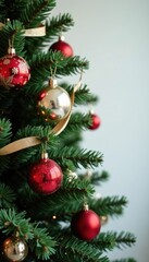Decorated evergreen Christmas tree with glass balls and ribbons , festive, garland