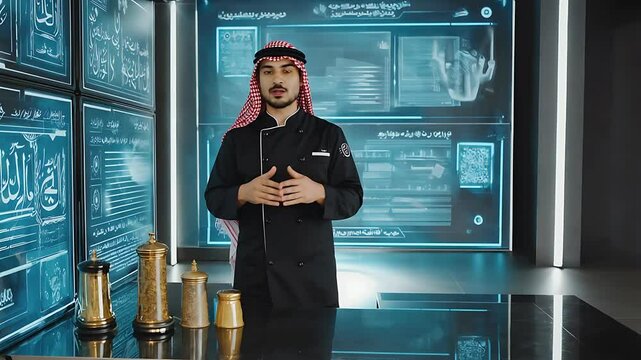 Chef presenting, futuristic kitchen