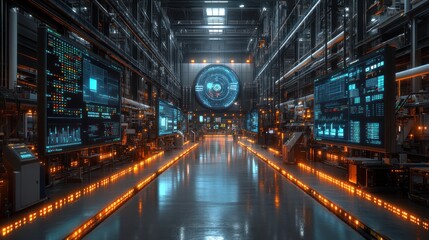 Futuristic Industrial Control Room: Advanced Technology and Data Visualization