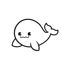 Cute whale Fish isolated on white background coloring page for kids. Funny animal outline illustration