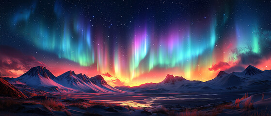 Northern Lights with vibrant greens, purples, and blues dancing across a starry sky