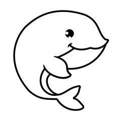 Cute whale Fish isolated on white background coloring page for kids. Funny animal outline illustration