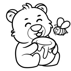 Hand drawing Cute Bear Huge Honey Sweet with Bee Cartoon Vector Icon Illustration. Animal Nature Icon Concept coloring page for kids. Funny animal outline illustration. Flat Cartoon Style