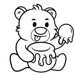 Hand drawing Cute Bear Eating Honey Sweet Cartoon Vector Icon Illustration. Animal Nature Icon Concept coloring page for kids. Funny animal outline illustration. Flat Cartoon Style