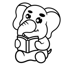 Hand drawing Cute Elephant Reading Book Cartoon Vector Icon Illustration. Animal Nature Icon Concept Isolated Premium Vector. Flat Cartoon Style