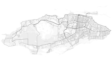 Nassau, Bahamas. Perfect for posters, printing, wallpaper, and home decor. Contains information on places of interest, roads, toll roads, rivers, mountains, parks, etc