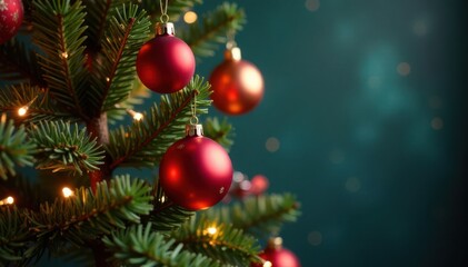 Fototapeta premium Decorated Christmas tree with hanging ornaments and New Year's Eve decorations, Ornaments, Christmas, Seasonal