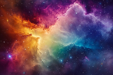 Naklejka premium A colorful nebula with stars and clouds in space. Where purple, red, orange, pink, and yellow colors combine to create a captivating scene.