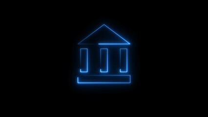 neon glowing outline of a bank building illustration.Finance and technology concept.