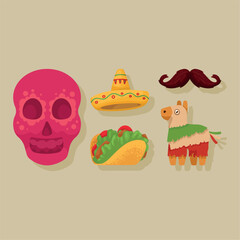 Flat vector illustration of traditional Mexican symbols including a sugar skull, taco, sombrero, mustache, and piñata, representing Mexican culture and celebration