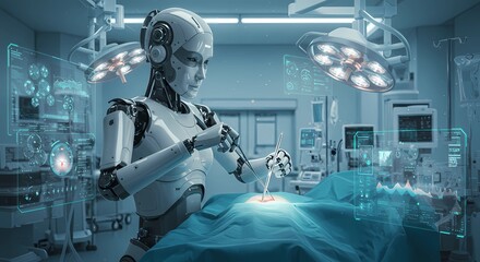Futuristic Surgery: Robotic Surgeon Performing Operation with Advanced AI Technology and Holographic Displays