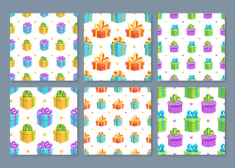 Cartoon gift box seamless set pattern. Present designs with ribbon and bow create a festive and cheerful atmosphere. Perfect for birthday, holiday, or party wrapping.