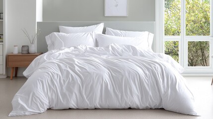 White duvet cover on made bed minimalist bedroom interior design soft comfortable bedding