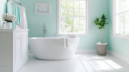 Fototapeta premium Modern bathroom interior design freestanding tub mint green walls natural light