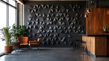 Modern interior with a dark gray concrete floor and geometric wall panels forming a repeating triangular pattern.




