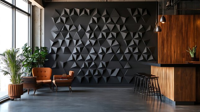 Modern interior with a dark gray concrete floor and geometric wall panels forming a repeating triangular pattern.





