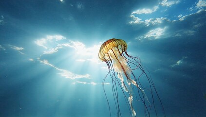 Jellyfish swimming in bright ocean waters with sunlight filtering through, underwater wildlife, medusa marine life, ocean creatures, nature, aquatic animal, and serene aquatic environment concept.