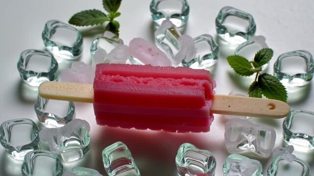 Strawberry popsicle surrounded of ice cubes